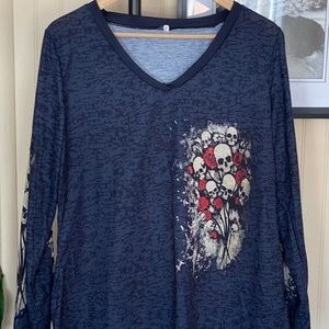 Skull and Roses Women’s Long Sleeve, V Neck, 2X
